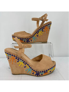 Charles Albert Tan Embroidered Wedge Sandals Ankle Strap High Heel Textile 7.5